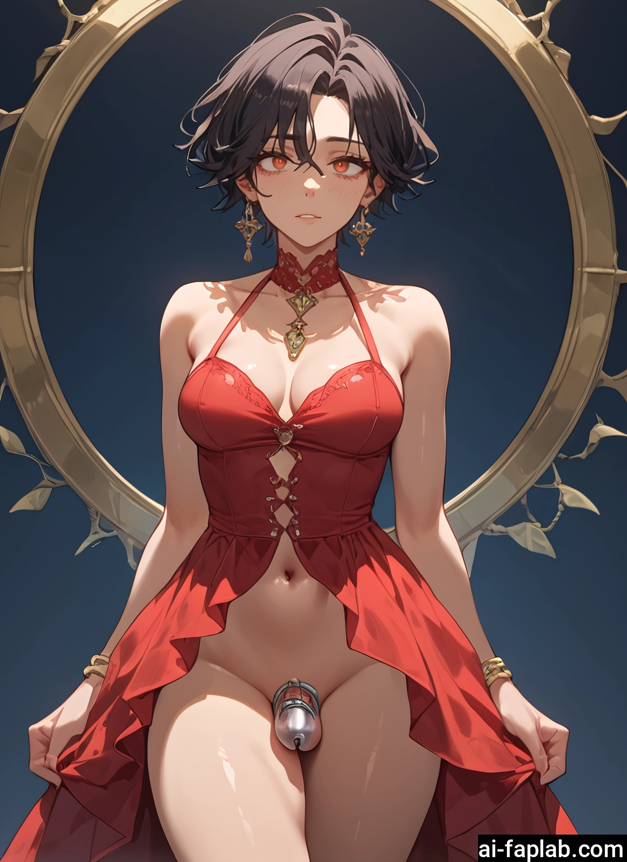 futanari, 1girl, breasts, jewelry, navel, earrings