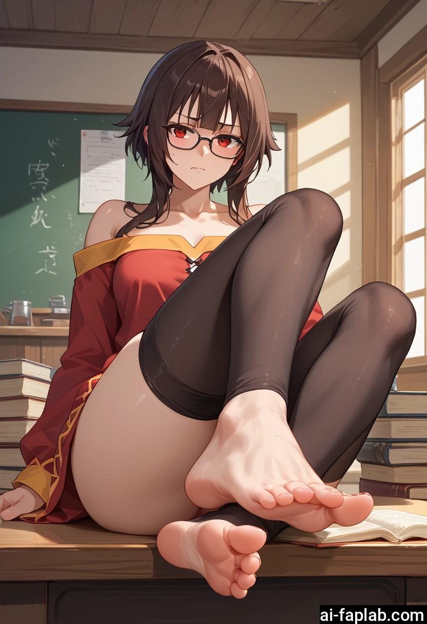 1girl, feet, red eyes, glasses, dress, solo · Yamete.gg
