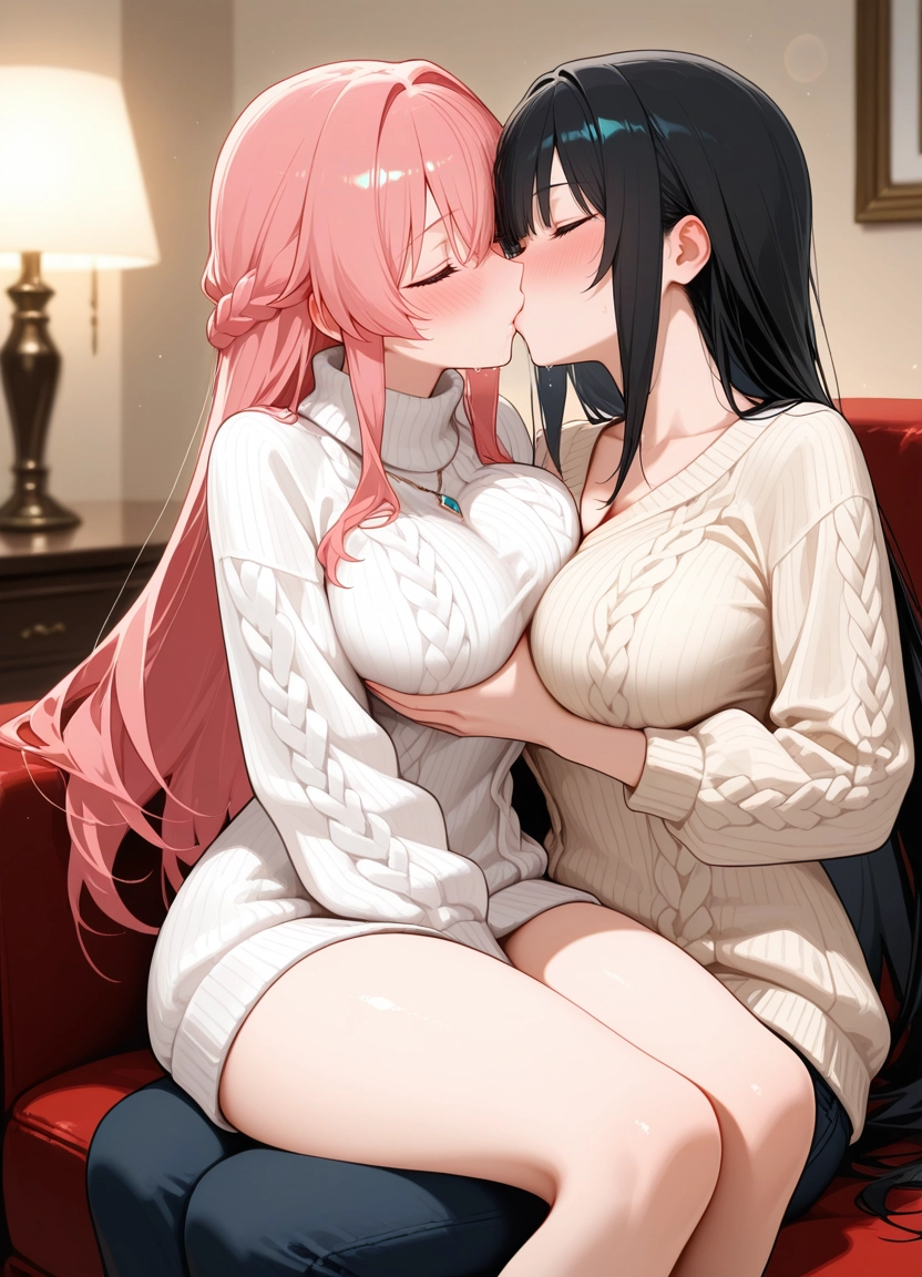breasts, multiple girls, 2girls, long hair, kiss, pink hair · Yamete.gg