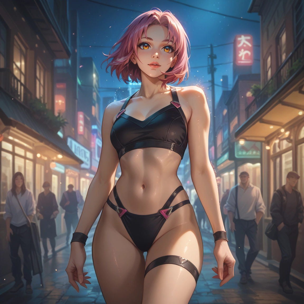 pink hair, navel, breasts, 1girl, short hair, solo focus · Yamete.gg