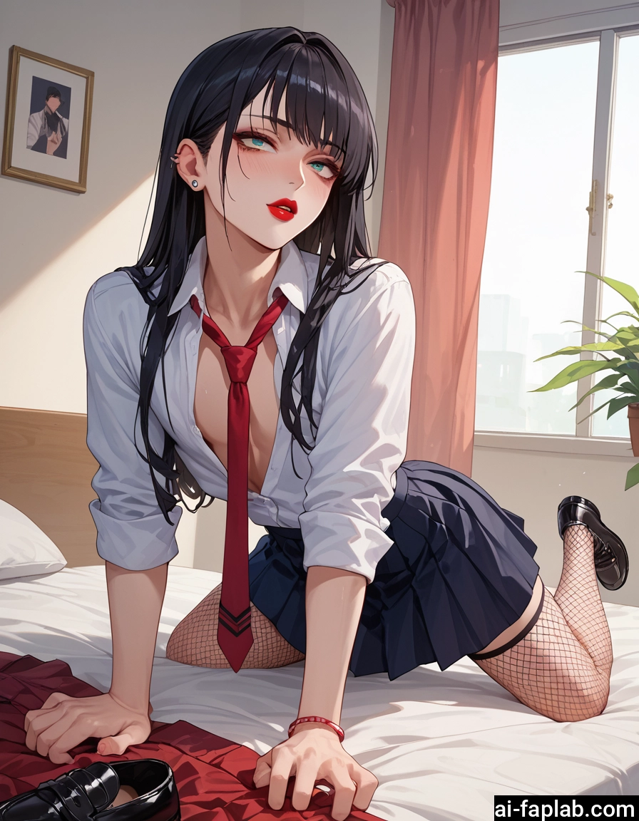 1girl, skirt, necktie, black hair, fishnets, long hair · Yamete.gg