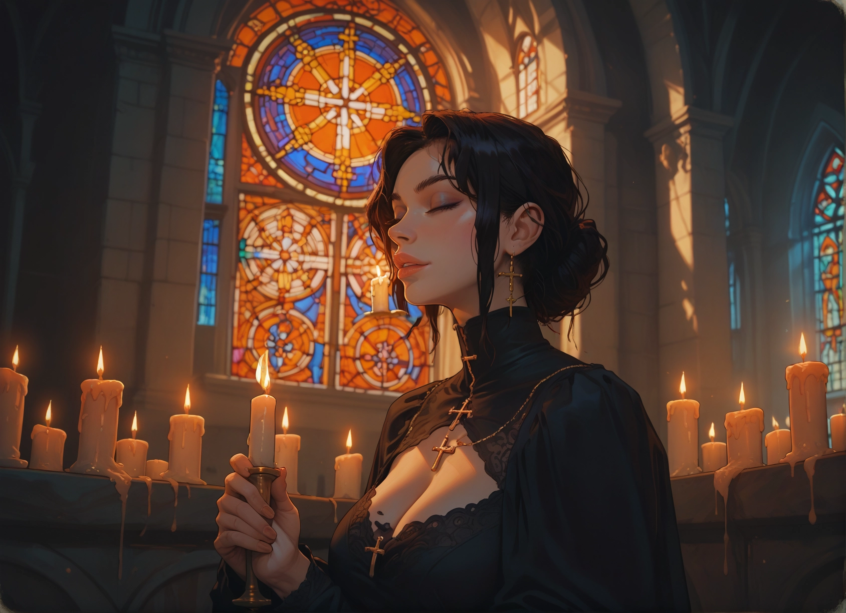 1girl, breasts, jewelry, candle, earrings, cross