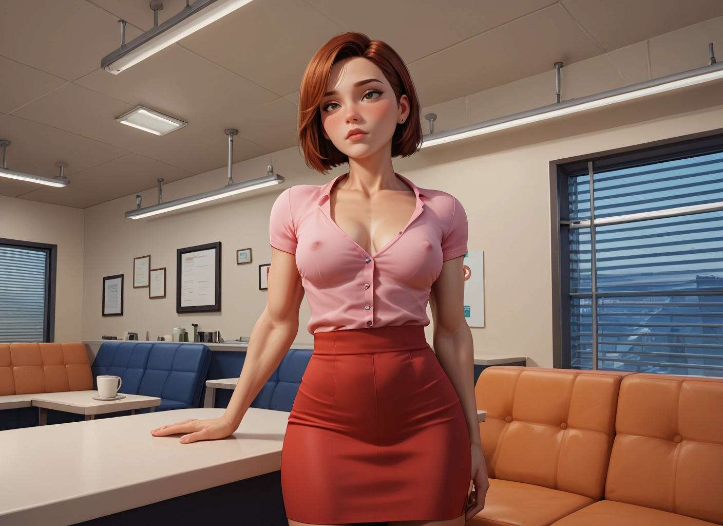 1girl, breasts, skirt, brown hair, solo, covered nipples · Yamete.gg