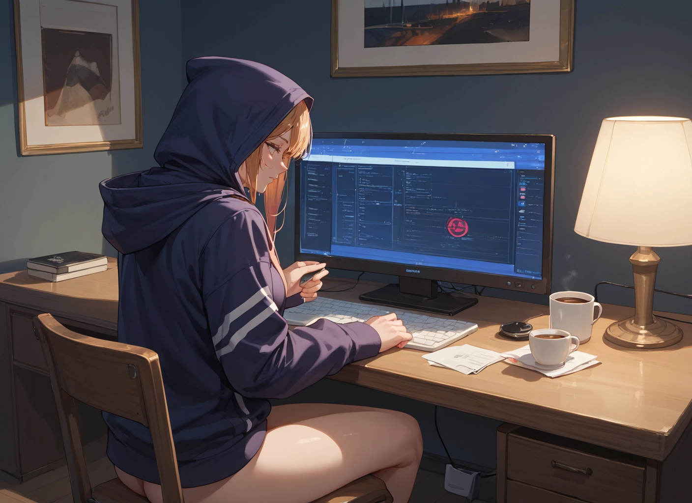1girl, hood, cup, sitting, blonde hair, chair · Yamete.gg