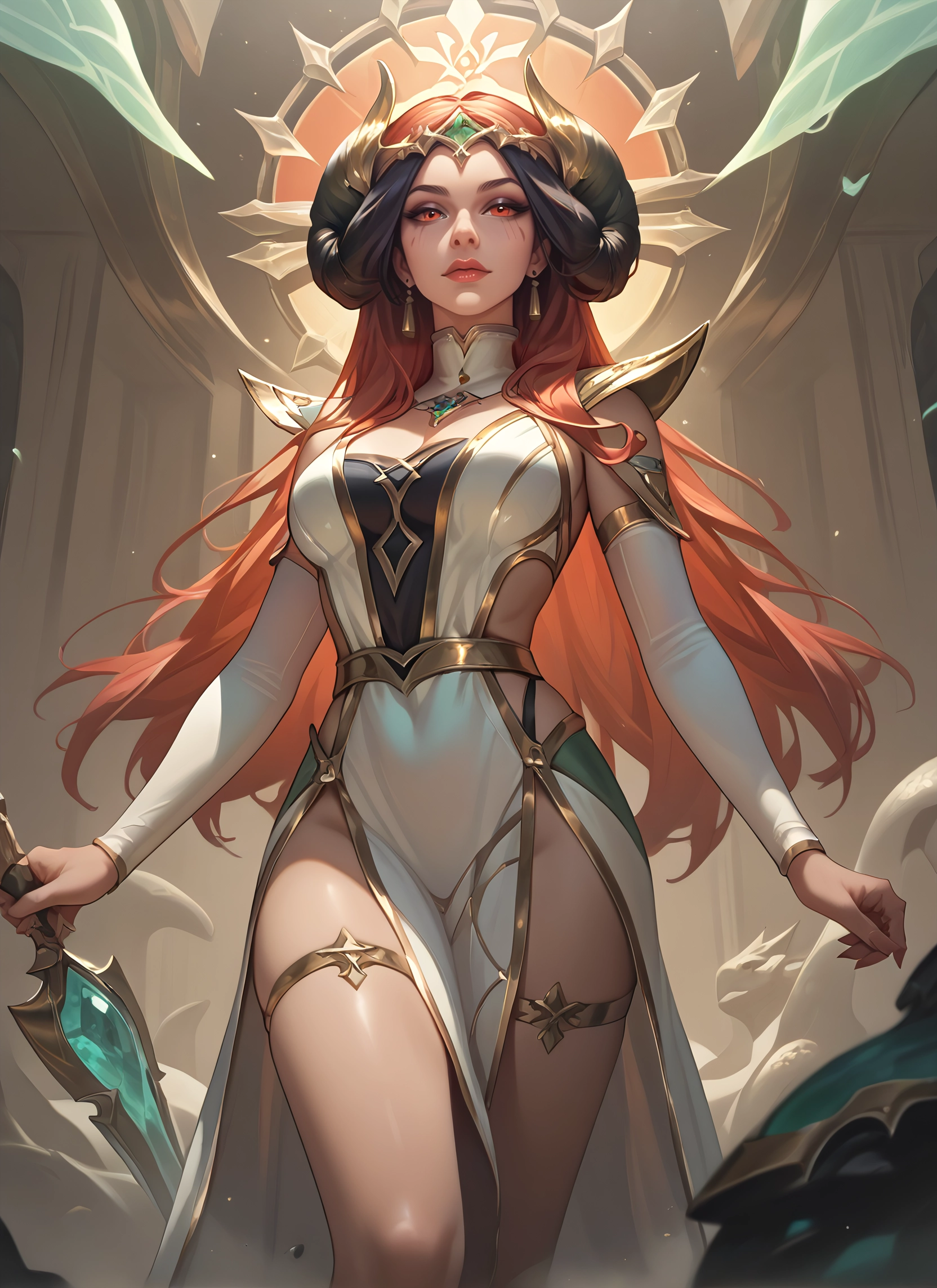 1girl, horns, breasts, weapon, jewelry, long hair · Yamete.gg