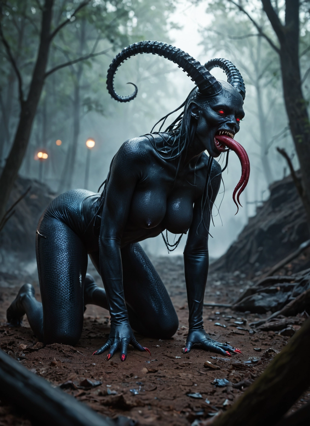 1girl, breasts, tongue, solo, tongue out, horns · Yamete.gg