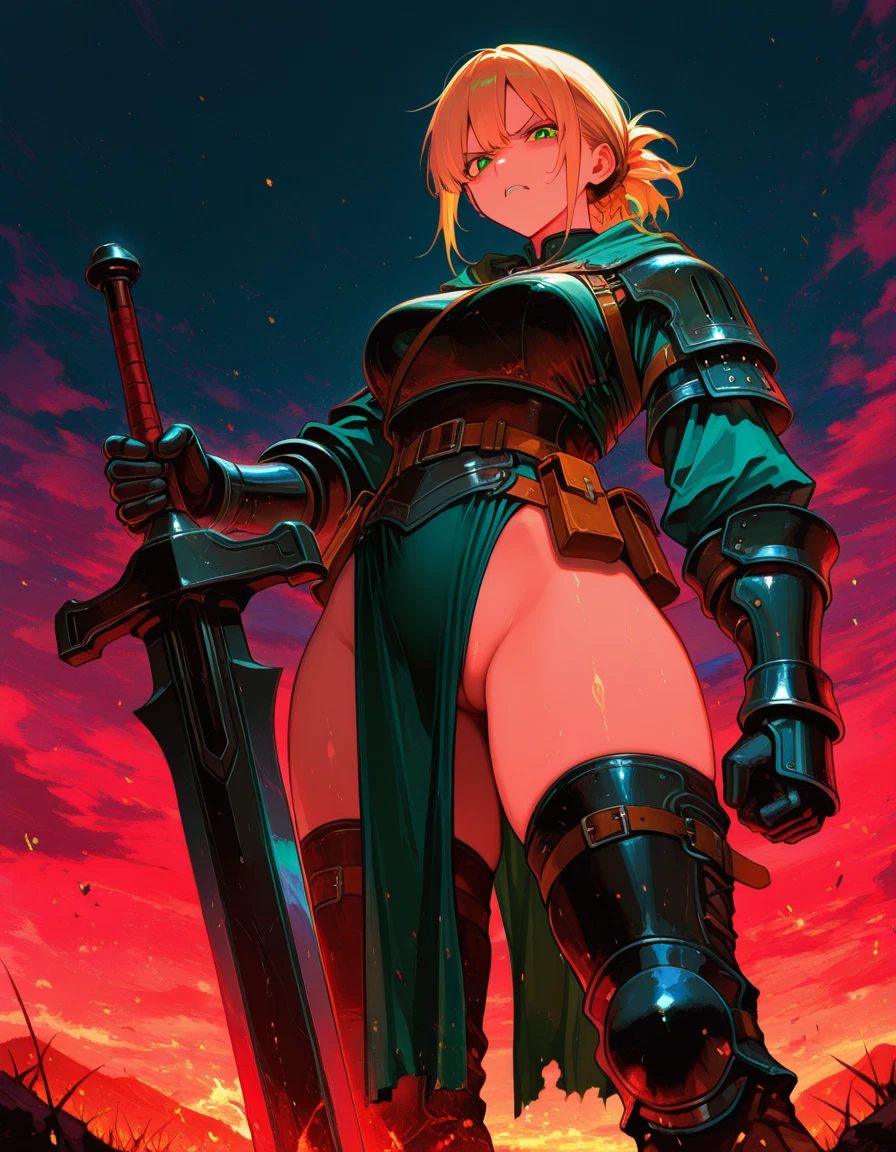 1girl, weapon, blonde hair, sword, green eyes, armor