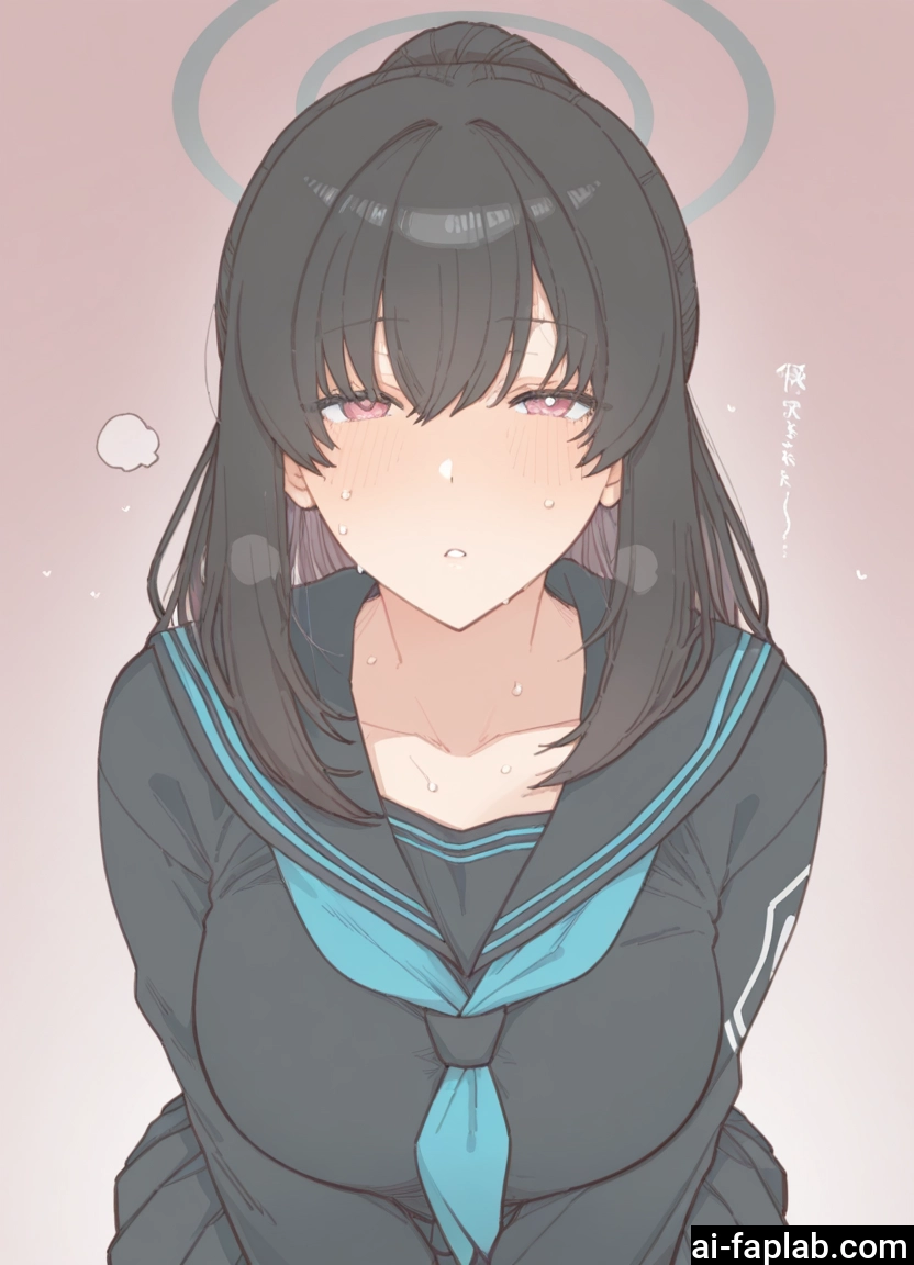 1girl, black hair, school uniform, solo, halo, breasts