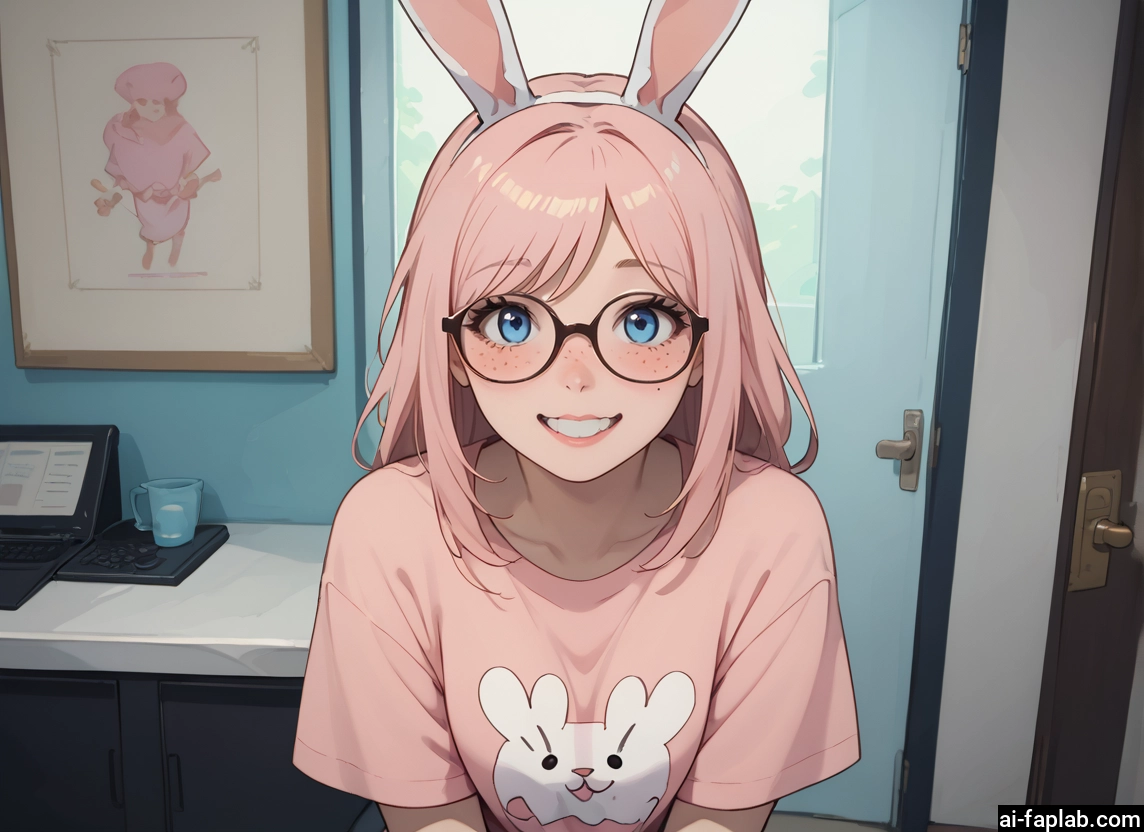 1girl, animal ears, glasses, blue eyes, freckles, rabbit ears