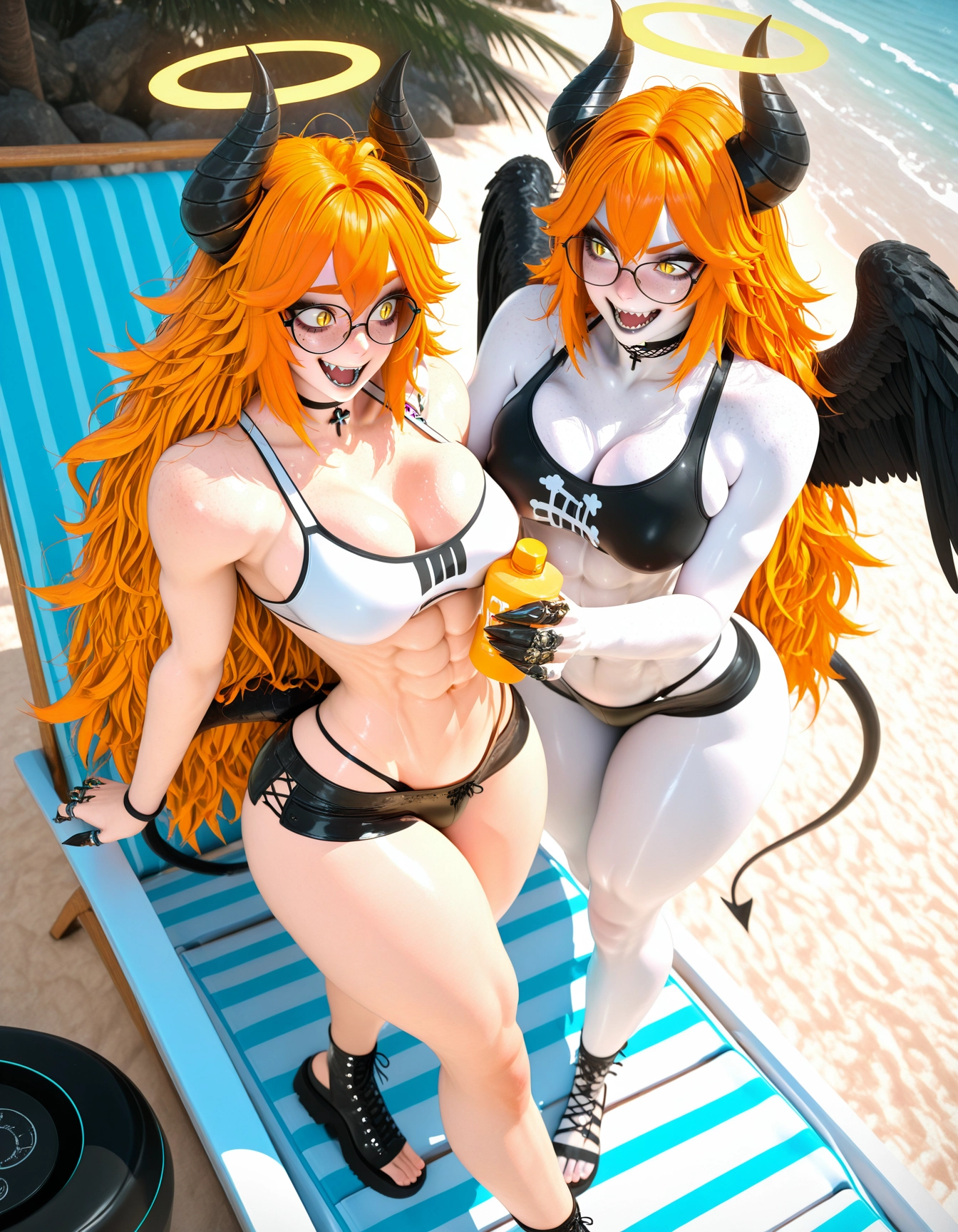 multiple girls, horns, 2girls, abs, glasses, breasts · Yamete.gg