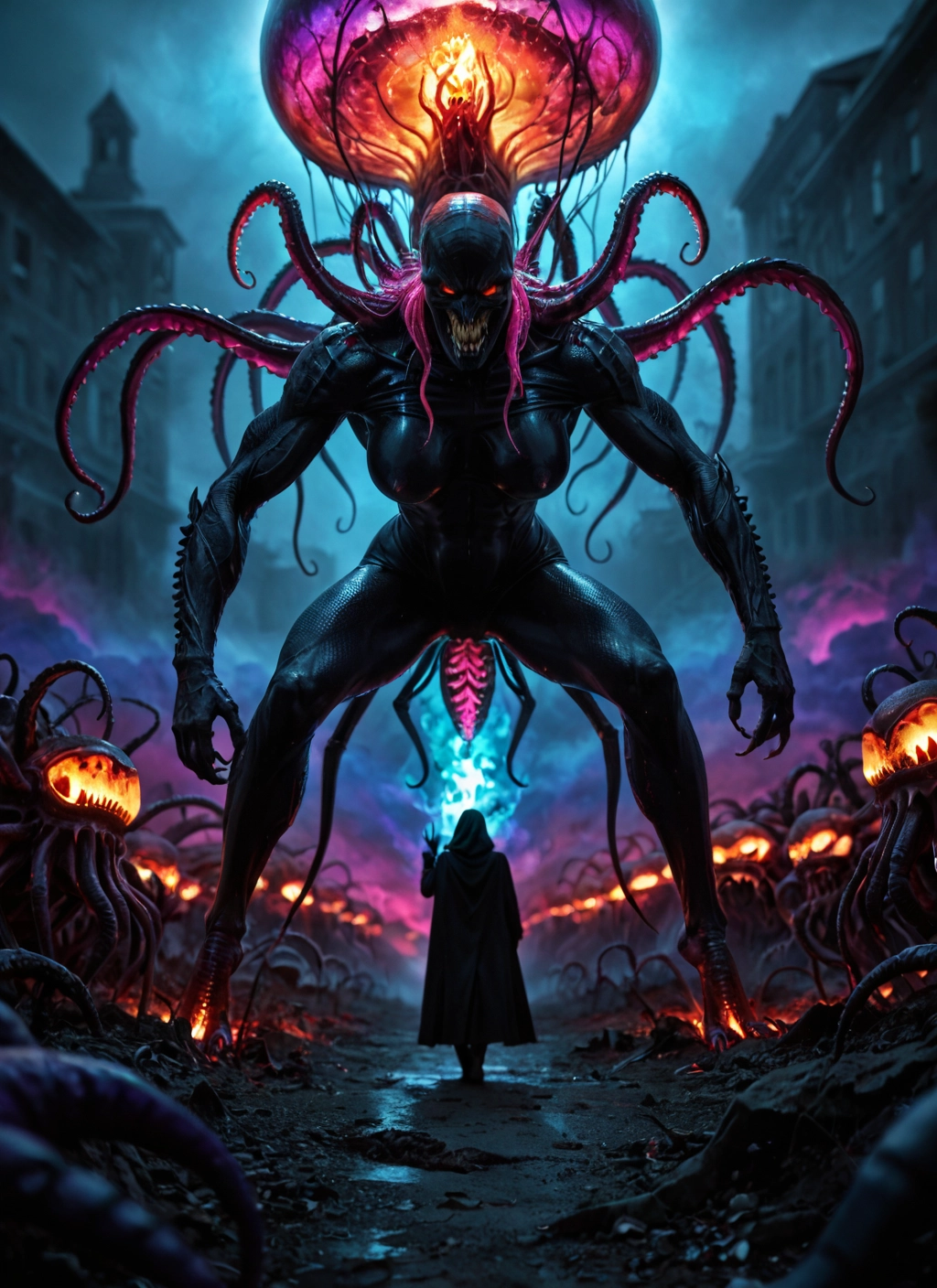 tentacles, 1girl, bodysuit, giant, breasts, giantess · Yamete.gg