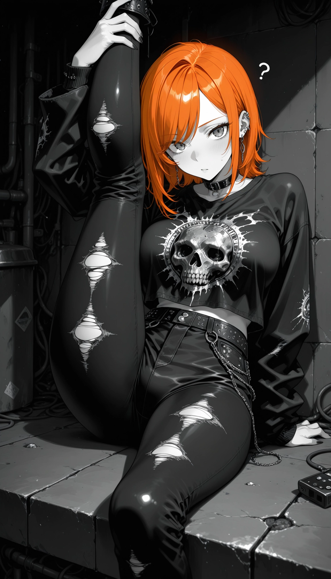 1girl, pants, solo, torn clothes, jewelry, orange hair