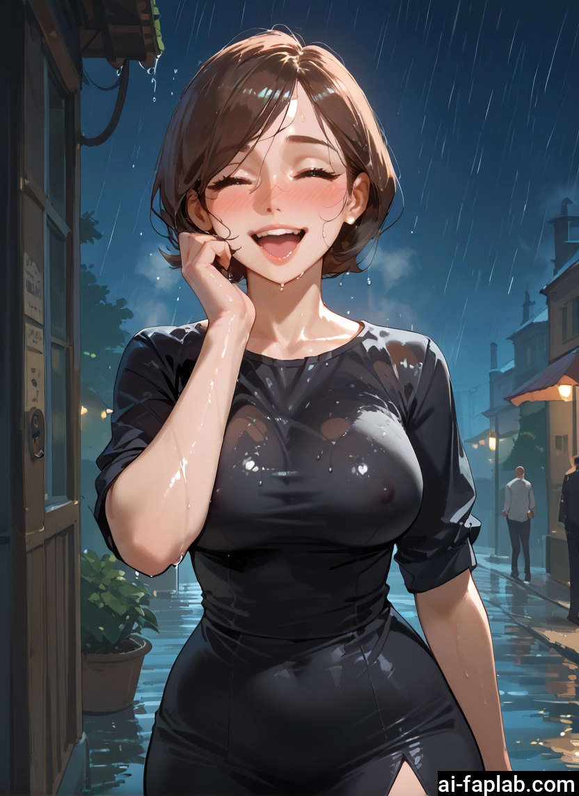 breasts, 1girl, closed eyes, rain, wet, open mouth