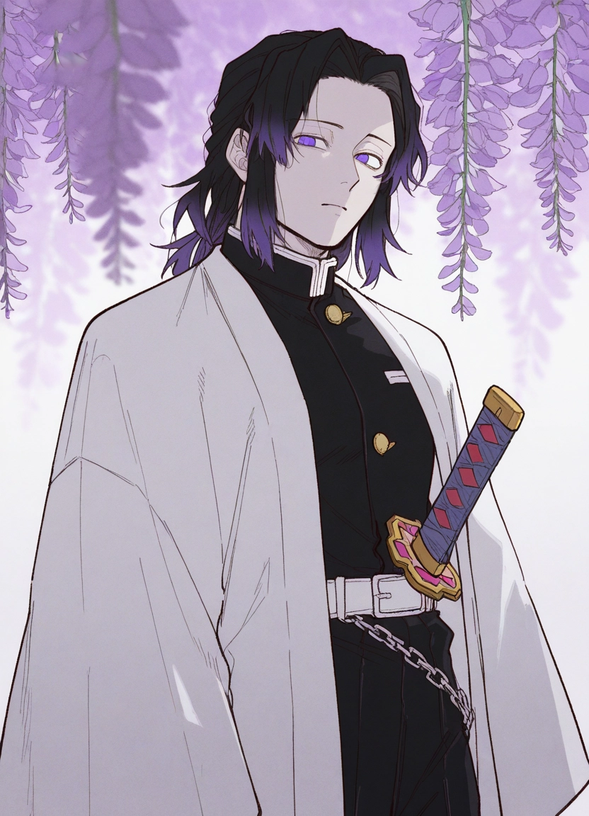demon slayer uniform, solo, weapon, wisteria, multicolored hair, sword