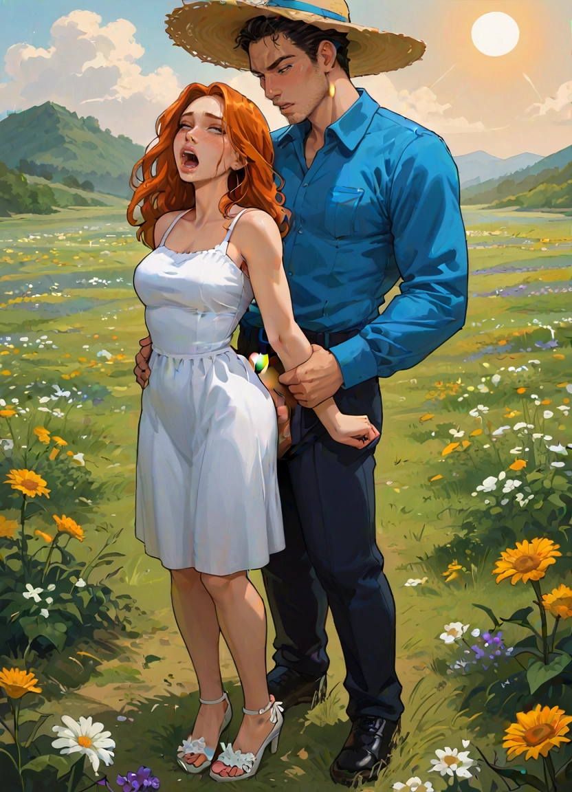 1girl, 1boy, dress, outdoors, white dress, hat · Yamete.gg
