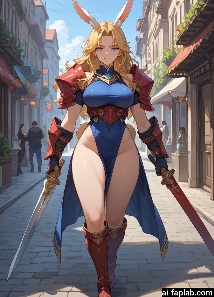 animal ears, weapon, blonde hair, rabbit ears, sword, breasts · Yamete.gg