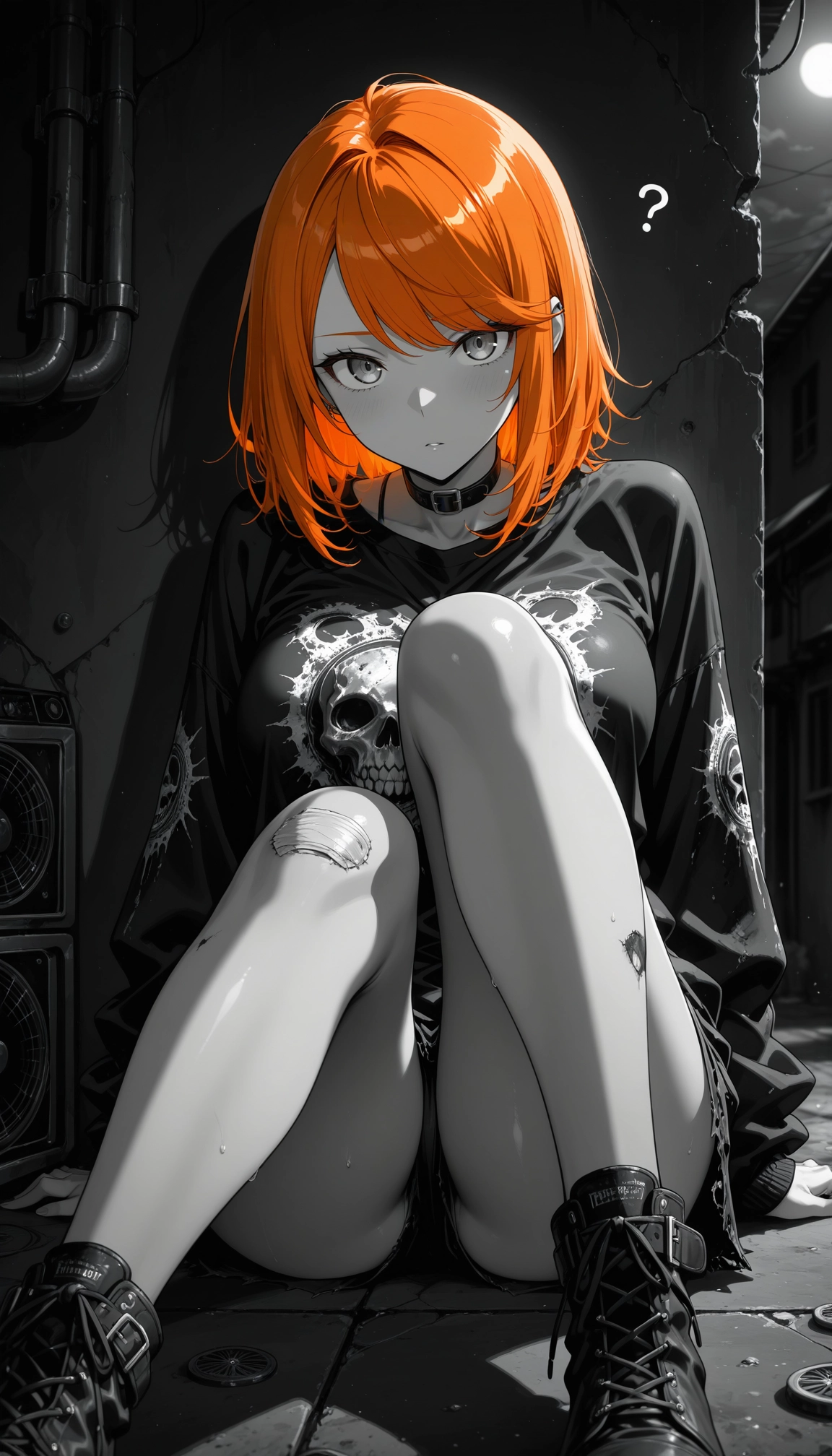 1girl, solo, sitting, orange hair, looking at viewer, shorts · Yamete.gg