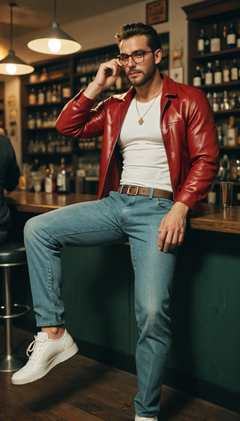 bara, bar (place), pants, facial hair, male focus, beard · Yamete.gg