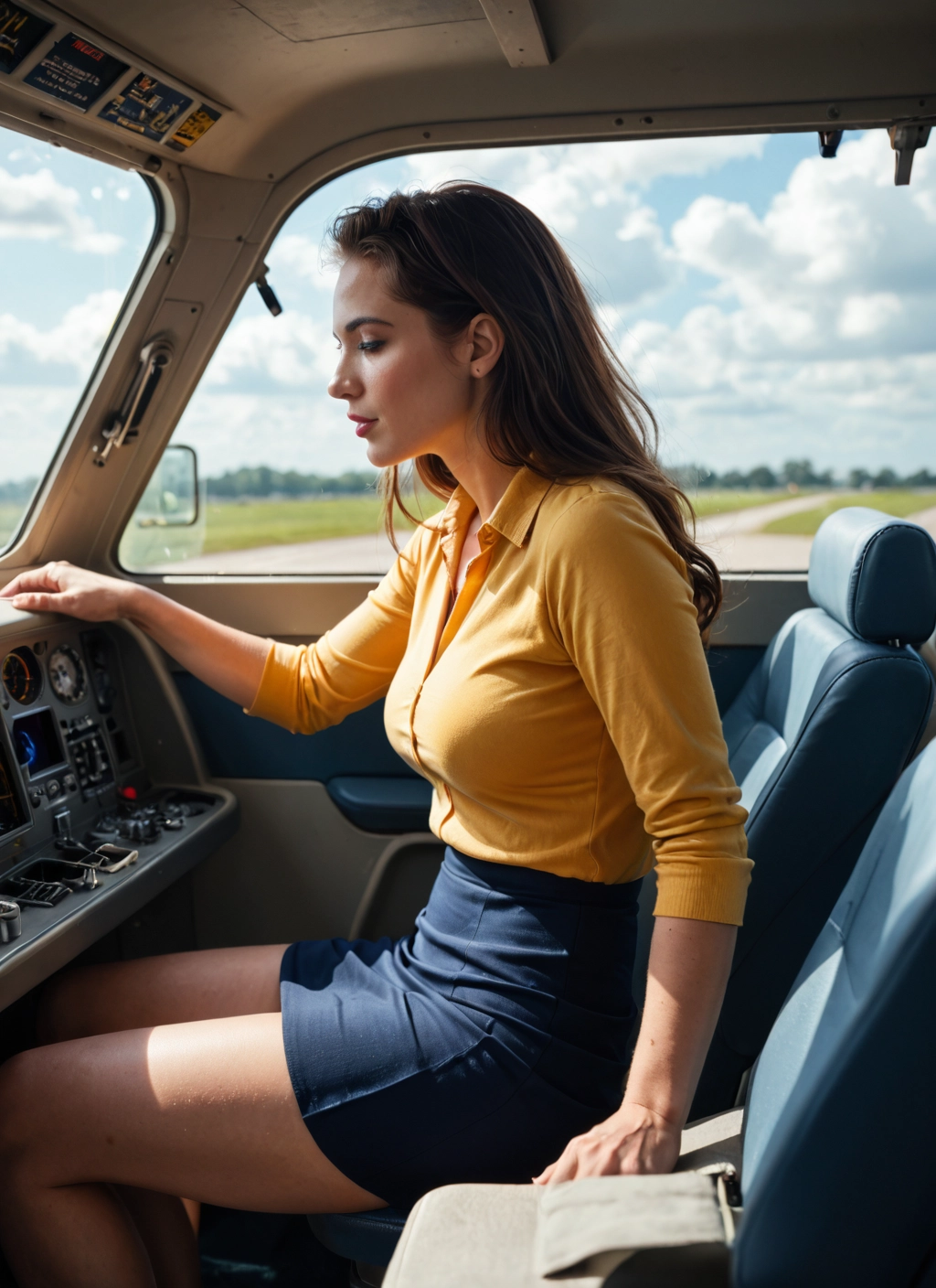 1girl, skirt, solo, sitting, brown hair, long hair · Yamete.gg