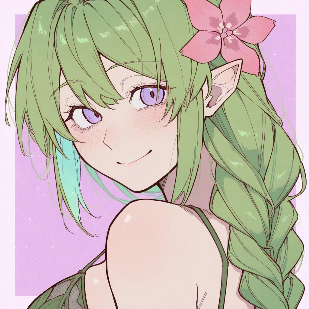 1girl, flower, pointy ears, green hair, smile, hair ornament · Yamete.gg