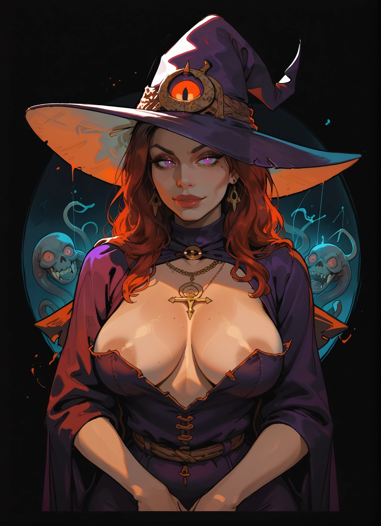 1girl, breasts, hat, witch hat, jewelry, earrings · Yamete.gg