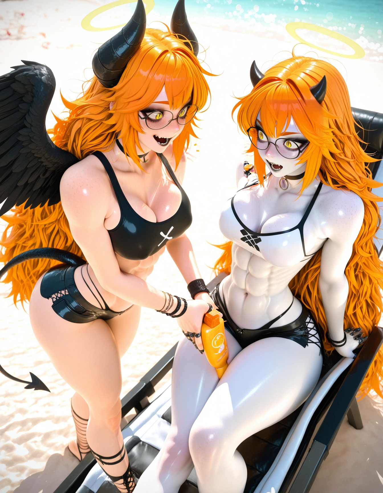 breasts, multiple girls, 2girls, horns, abs, glasses · Yamete.gg
