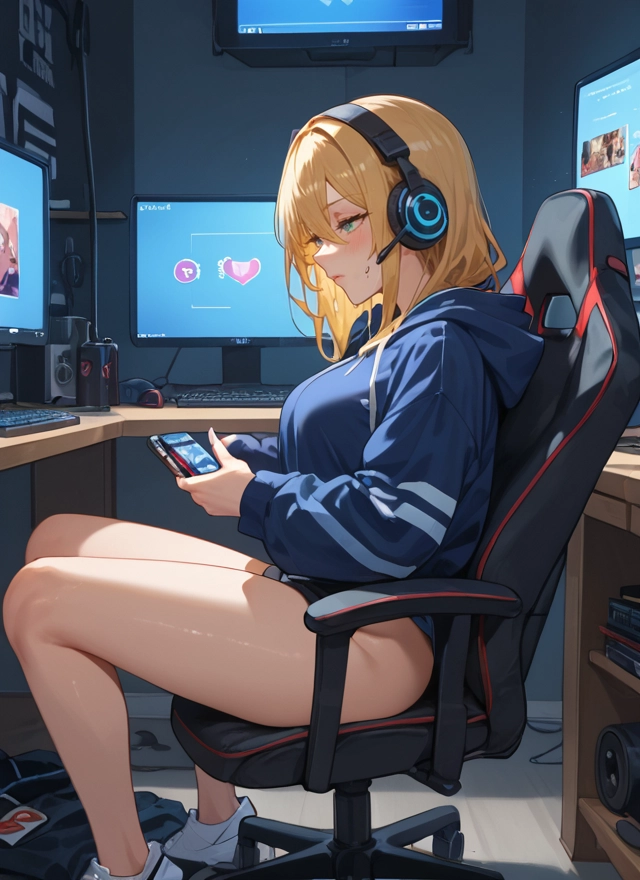 1girl, blonde hair, headphones, phone, hood, sitting · Yamete.gg