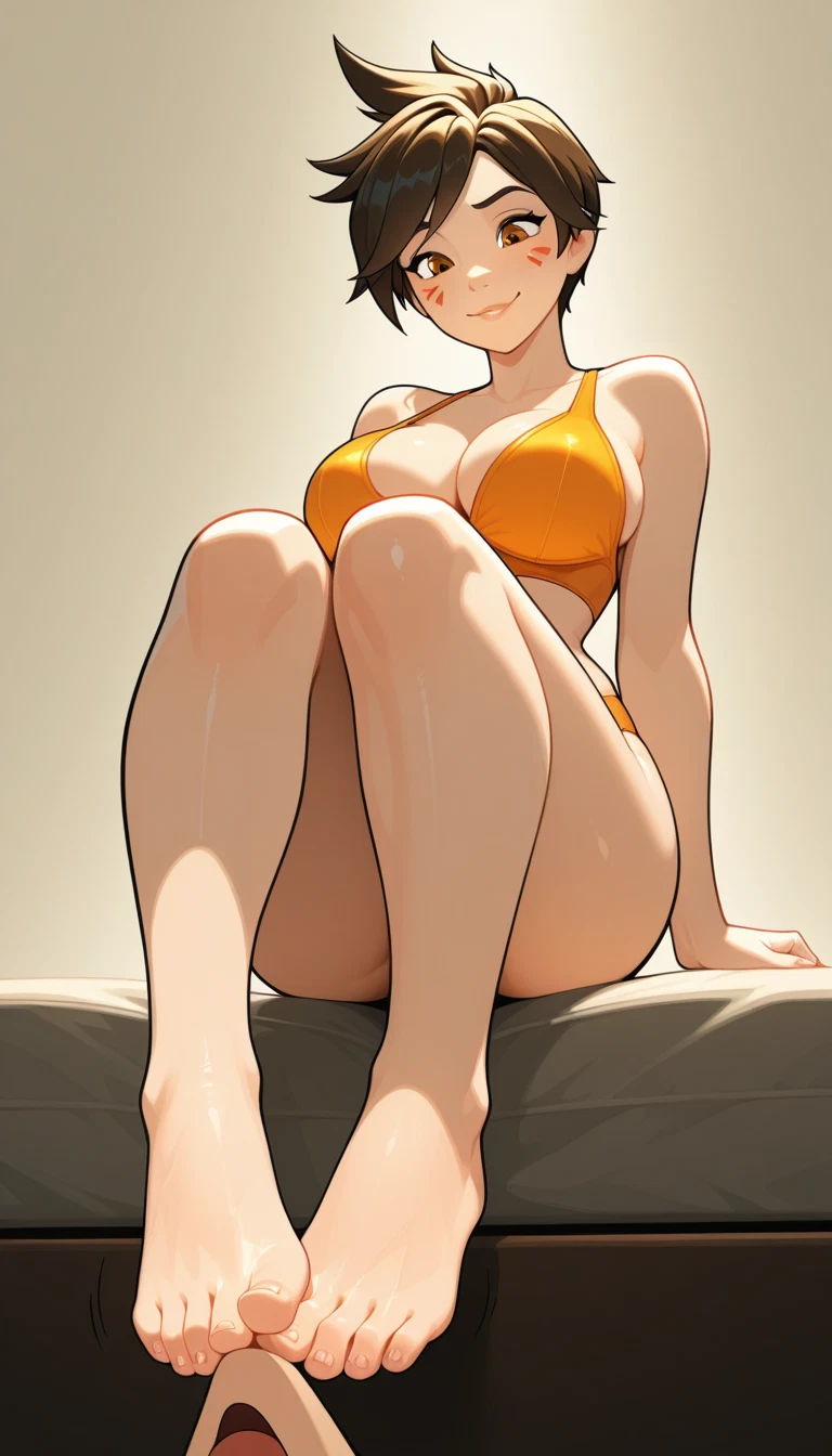tracer (overwatch), 1girl, breasts, barefoot, feet, brown hair