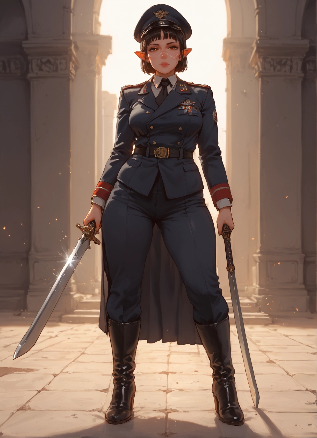 1girl, weapon, sword, pointy ears, solo, uniform · Yamete.gg