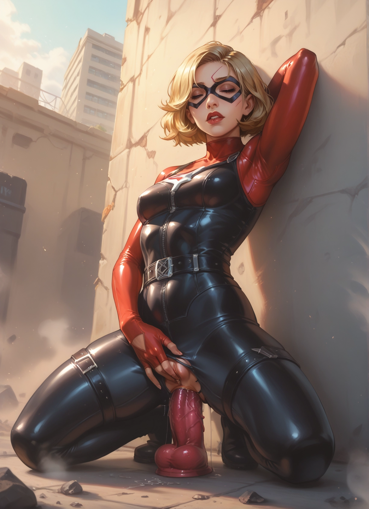 1girl, solo, sex toy, blonde hair, dildo, bodysuit · Yamete.gg