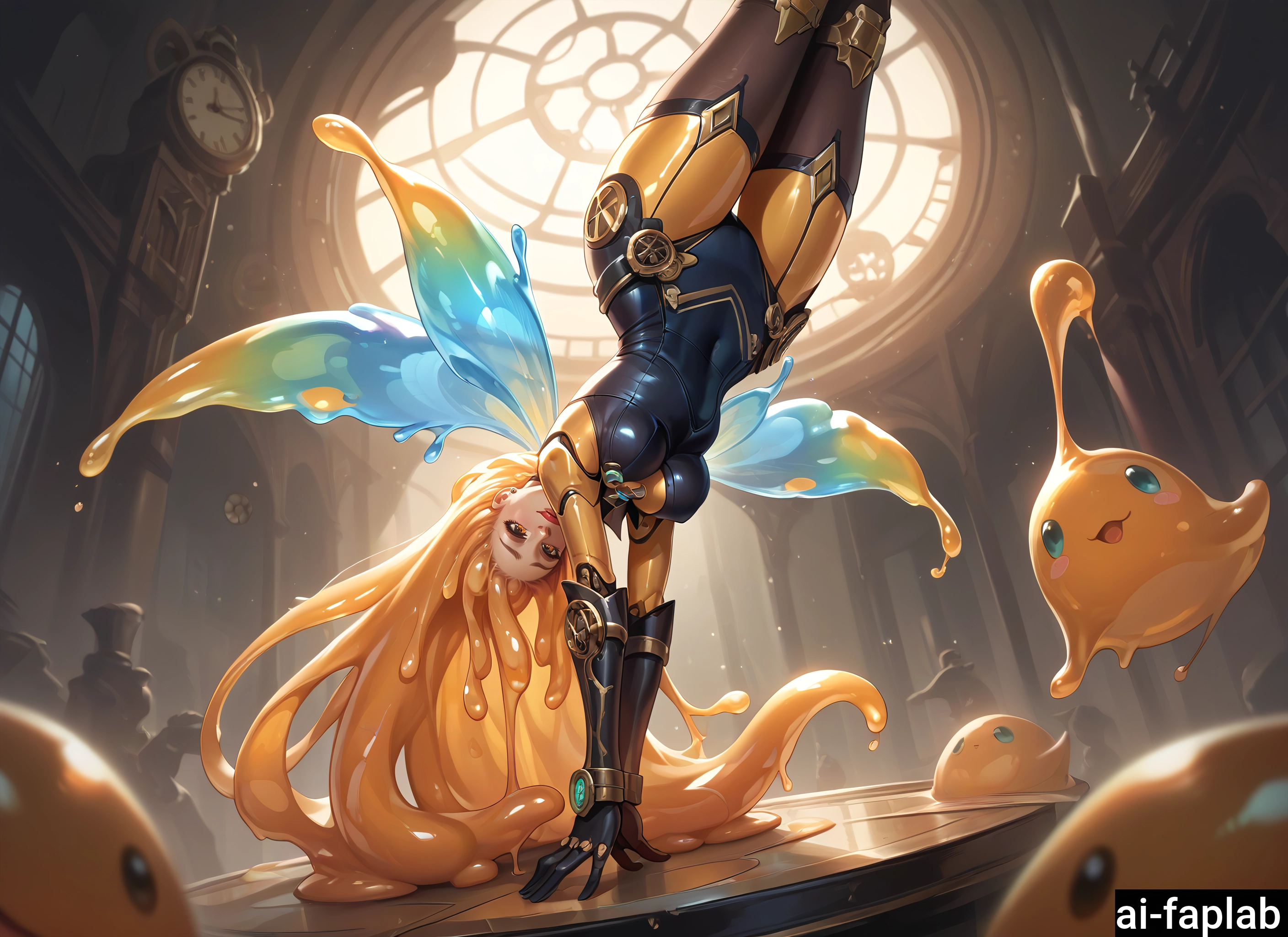 1girl, long hair, breasts, wings, bodysuit, clock · Yamete.gg