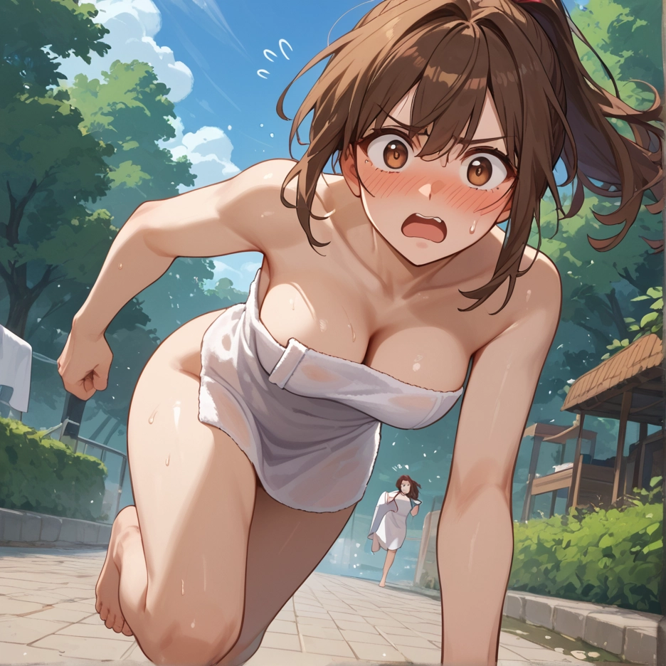 breasts, brown hair, towel, multiple girls, 2girls, blush · Yamete.gg