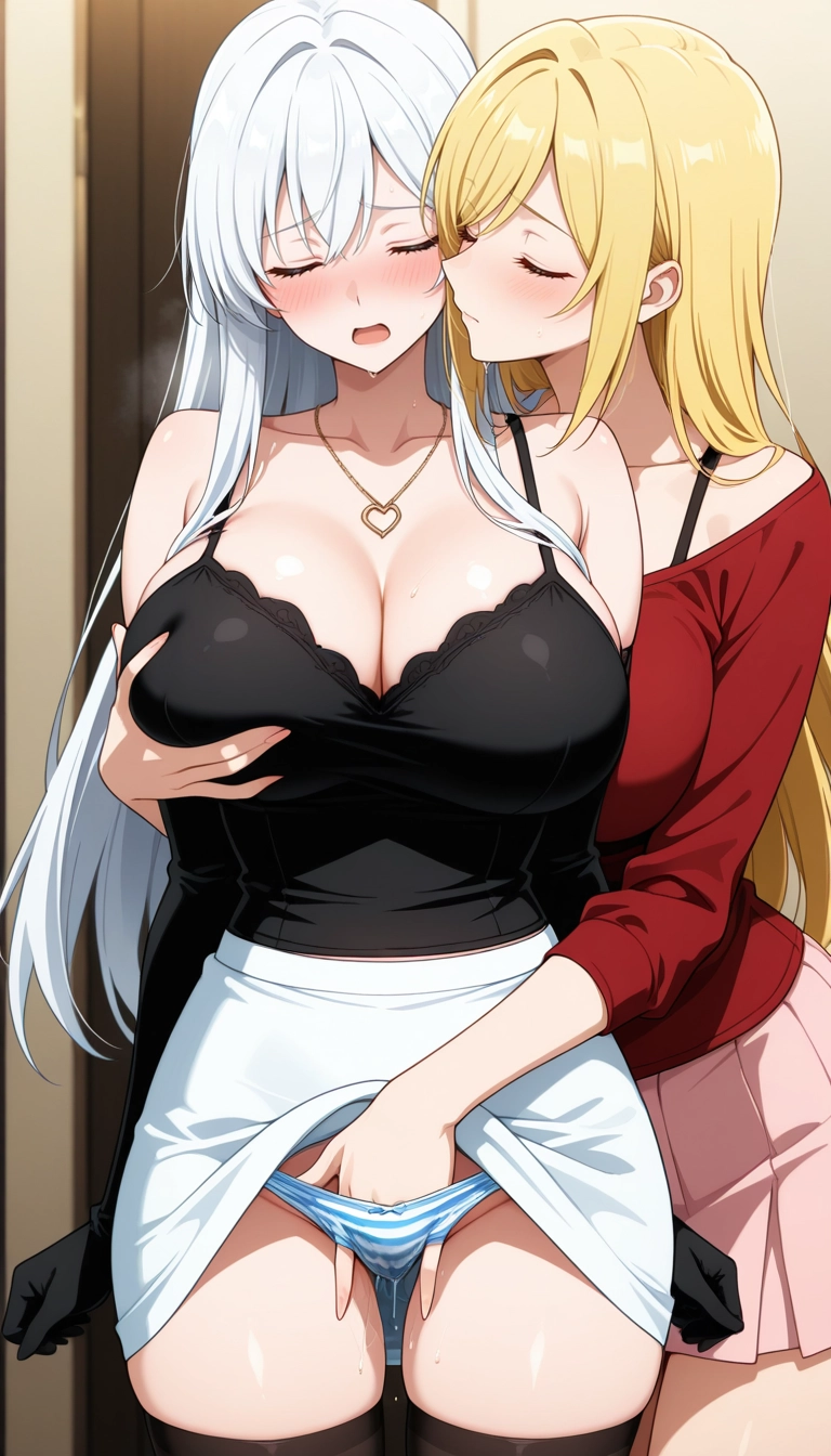 breasts, skirt, multiple girls, striped, 2girls, yuri · Yamete.gg