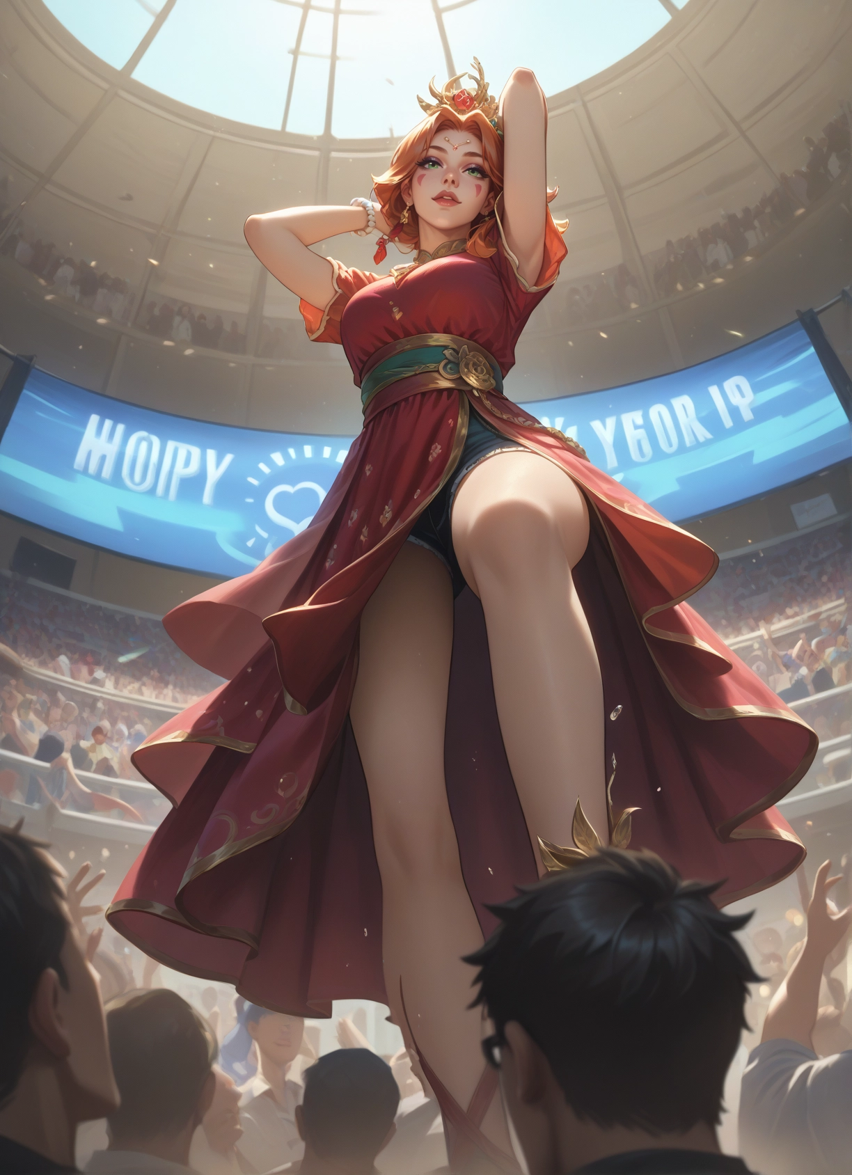 shorts, dress, jewelry, green eyes, solo focus, from below · Yamete.gg