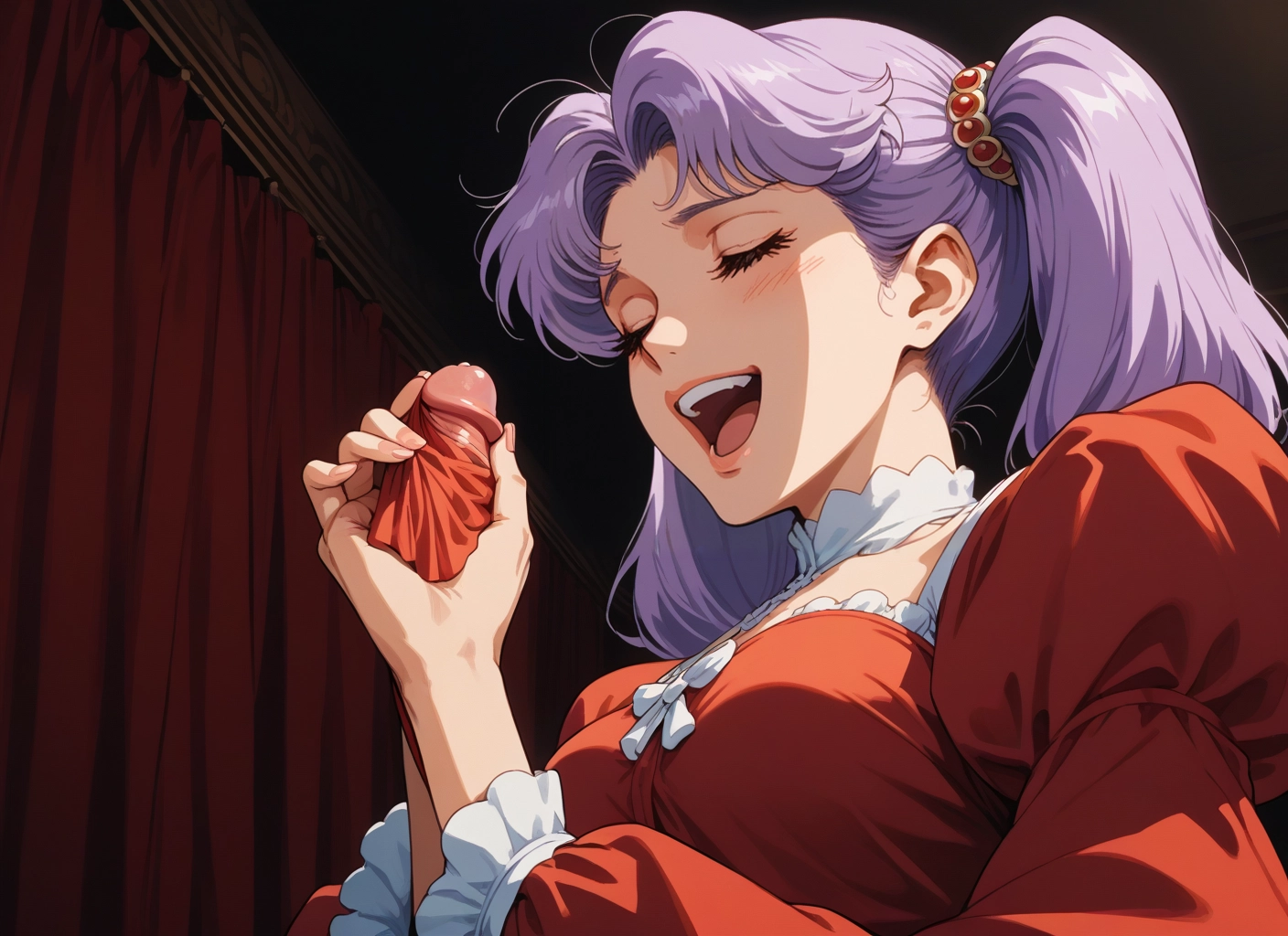1girl, solo, closed eyes, twintails, purple hair, open mouth