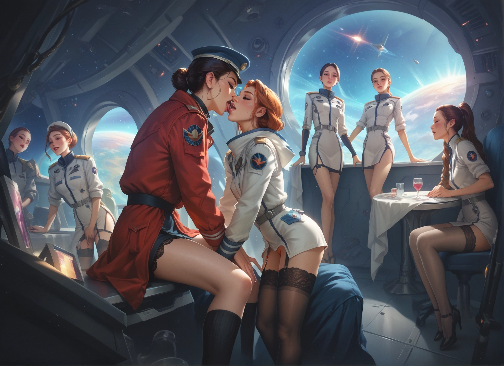 multiple girls, thighhighs, yuri, kiss, garter straps, high heels · Yamete.gg