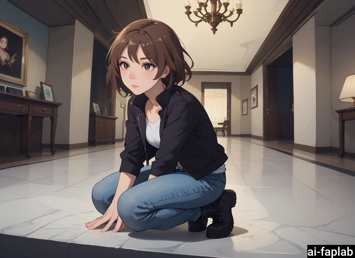 1girl, brown hair, jacket, pants, brown eyes, indoors · Yamete.gg