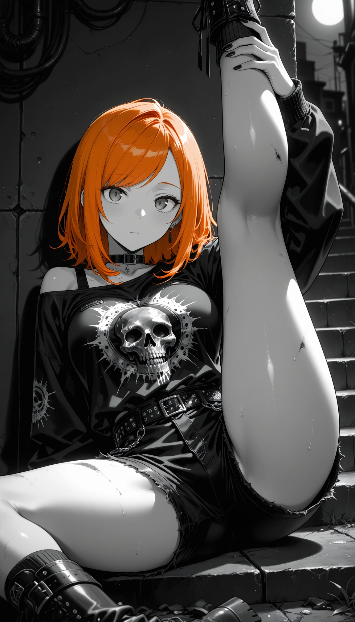 1girl, shorts, solo, orange hair, boots, jewelry