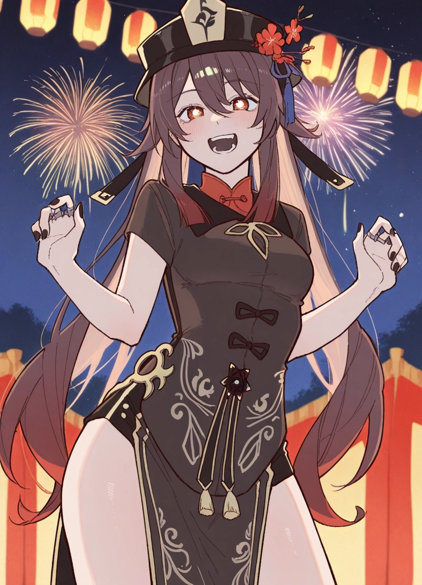 1girl, fireworks, open mouth, solo, brown hair, chinese clothes · Yamete.gg