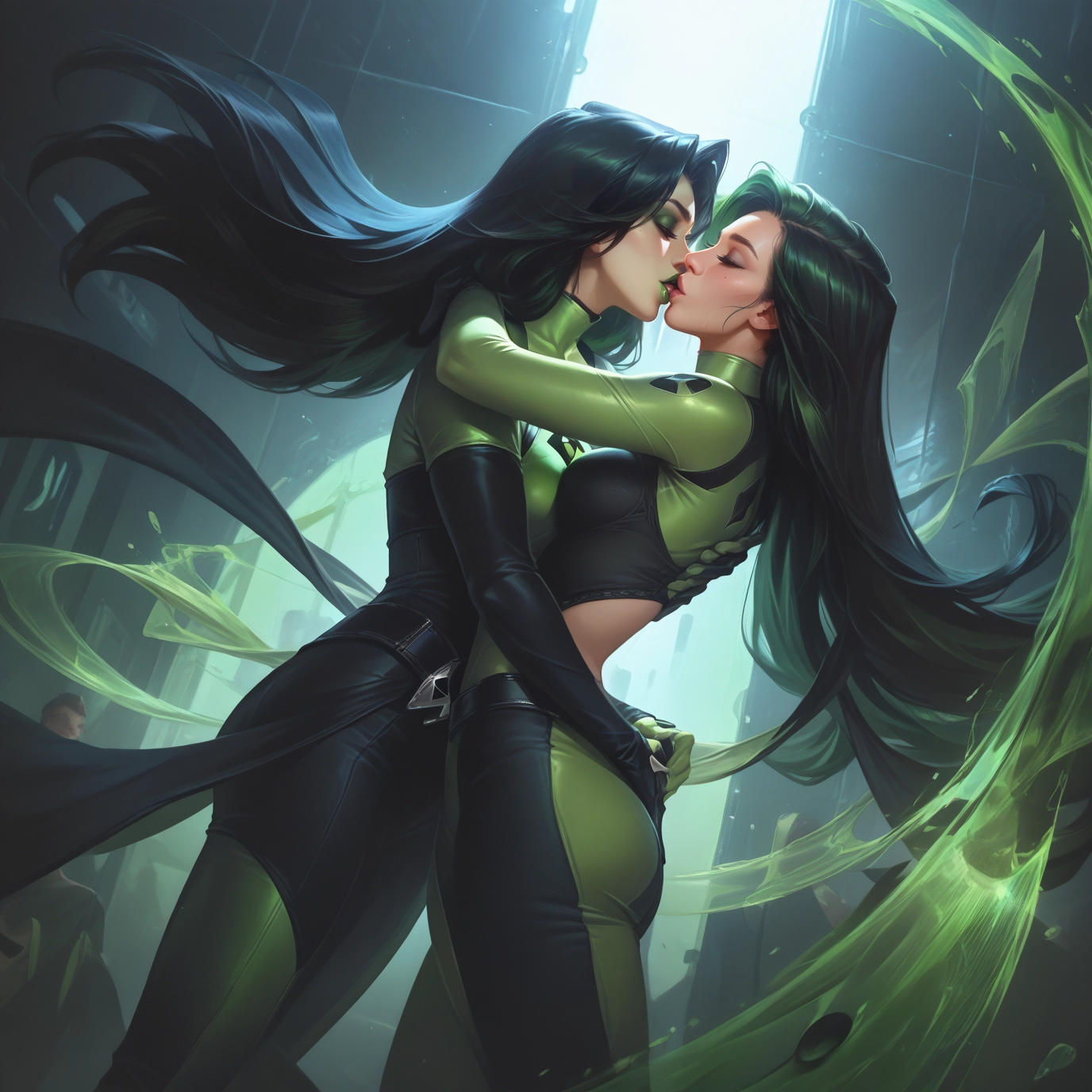 multiple girls, 2girls, long hair, green hair, yuri, kiss · Yamete.gg