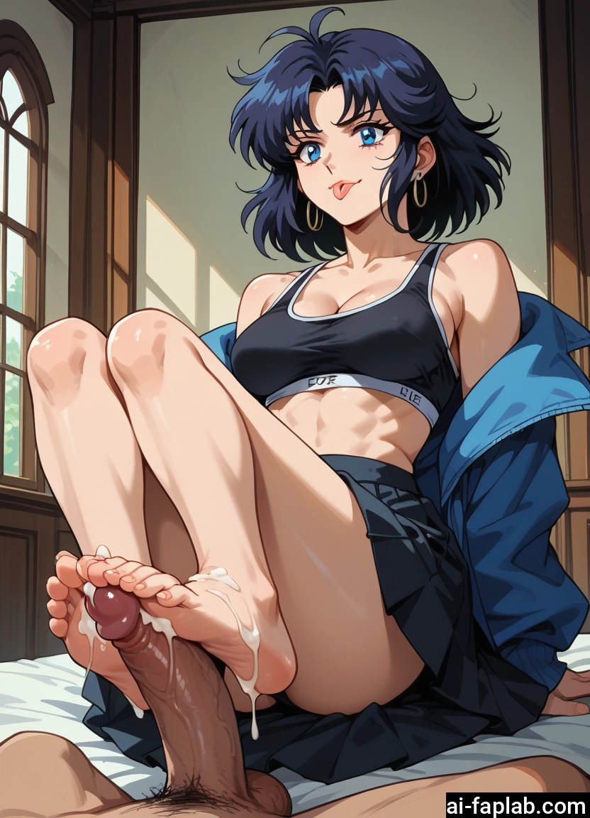 penis, 1girl, blue eyes, tongue, barefoot, breasts · Yamete.gg