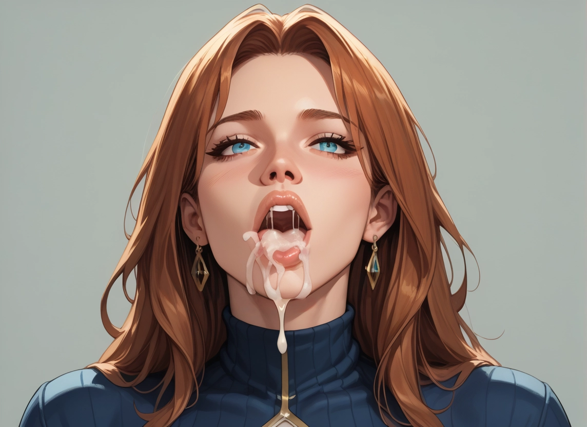 1girl, jewelry, cum, solo, earrings, cum in mouth