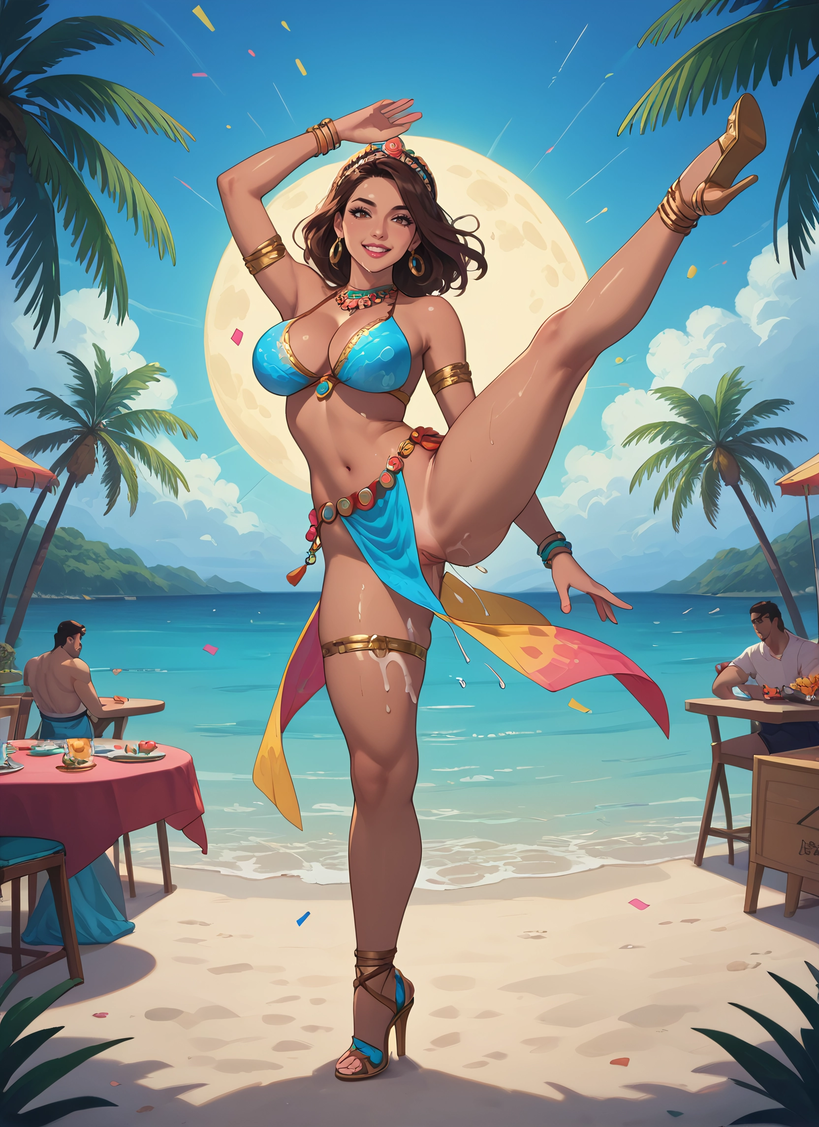 1girl, breasts, jewelry, beach, brown hair, high heels · Yamete.gg