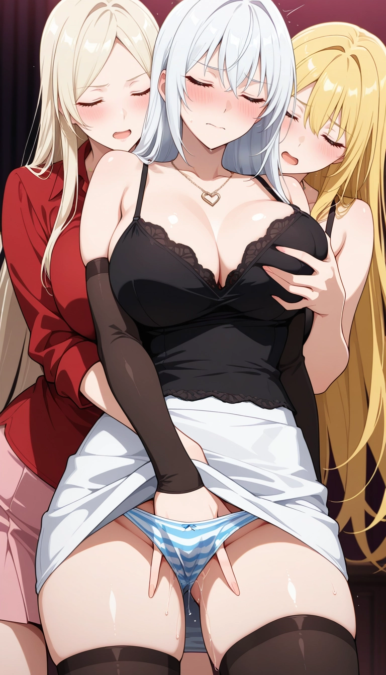 multiple girls, breasts, 3girls, blonde hair, fingering, closed eyes · Yamete.gg