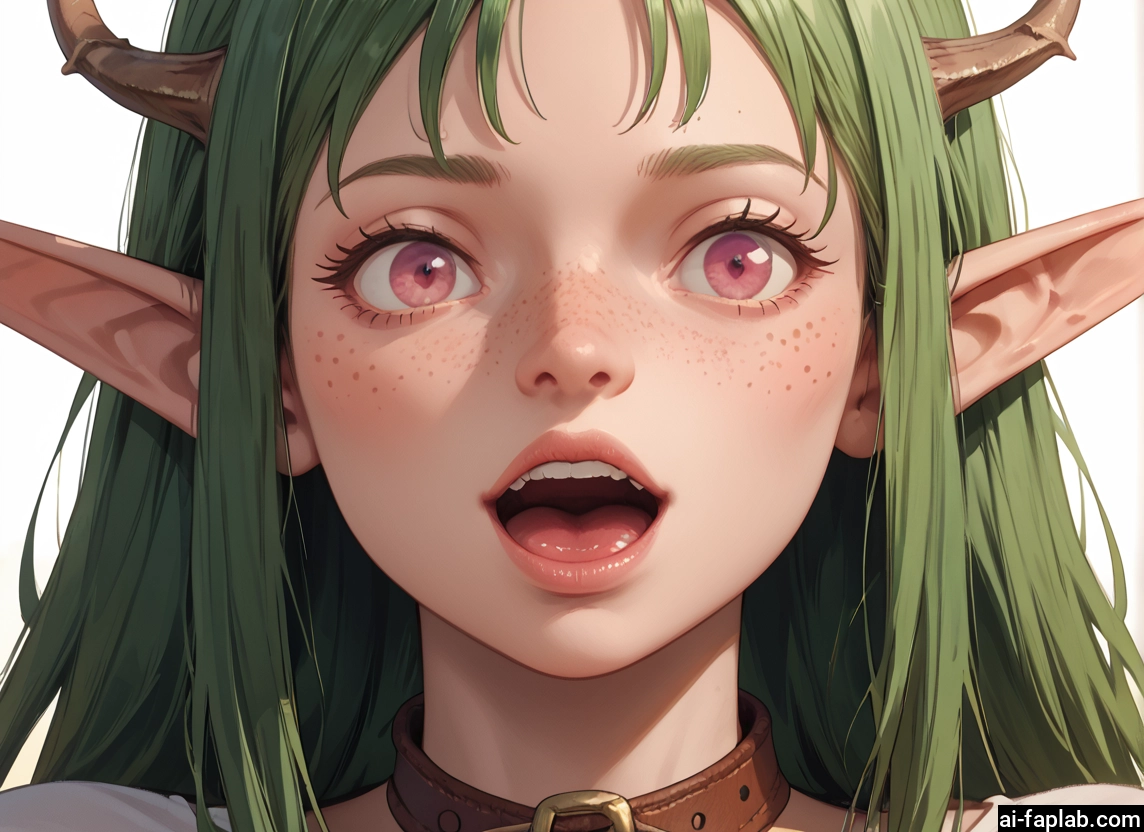 1girl, solo, pointy ears, freckles, horns, green hair · Yamete.gg