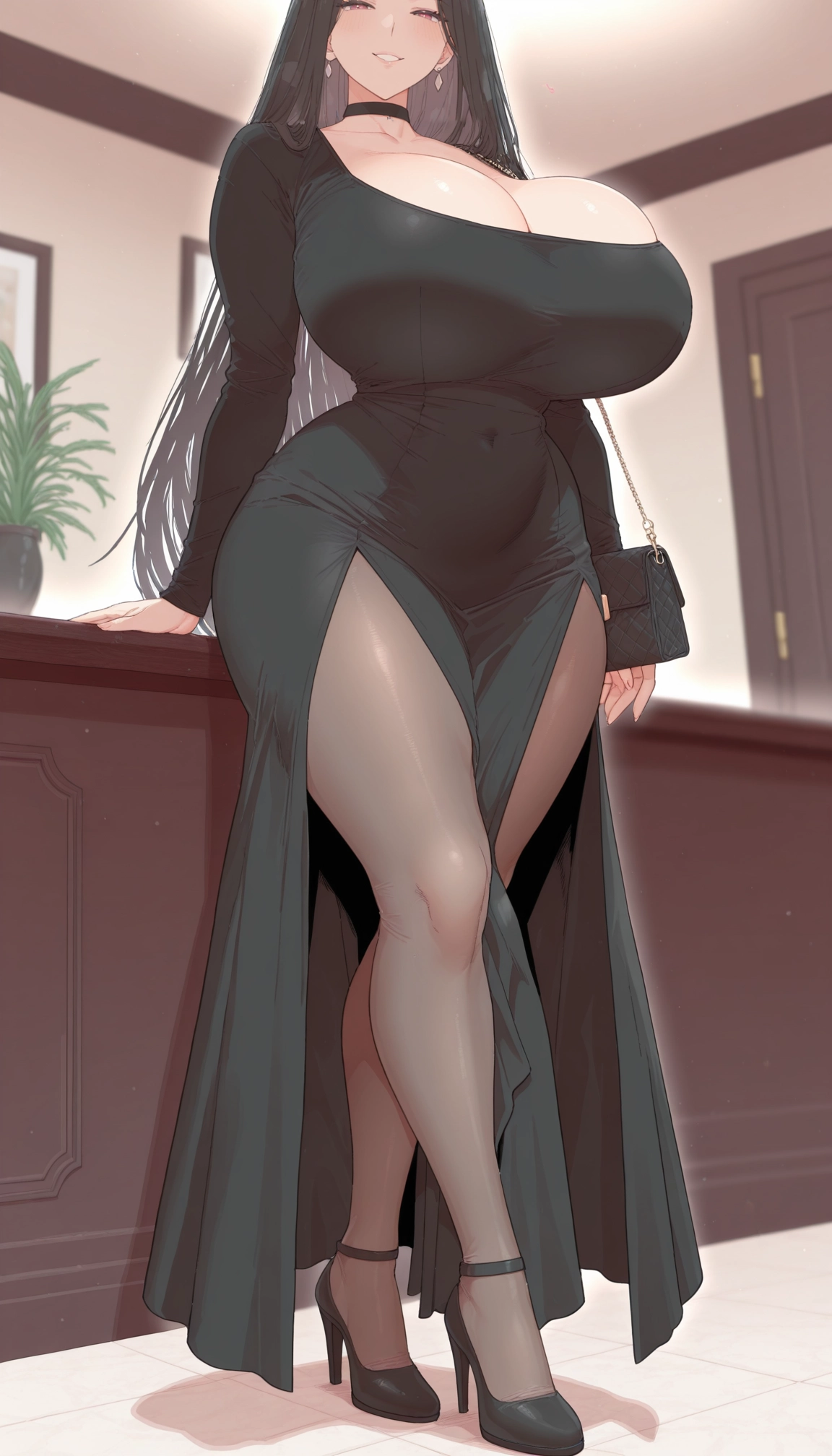 1girl, breasts, dress, pantyhose, bag, jewelry · Yamete.gg