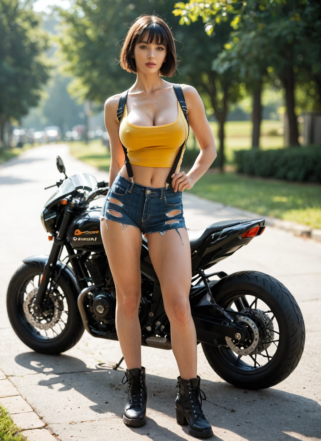 1girl, breasts, motor vehicle, ground vehicle, shorts, motorcycle · Yamete.gg