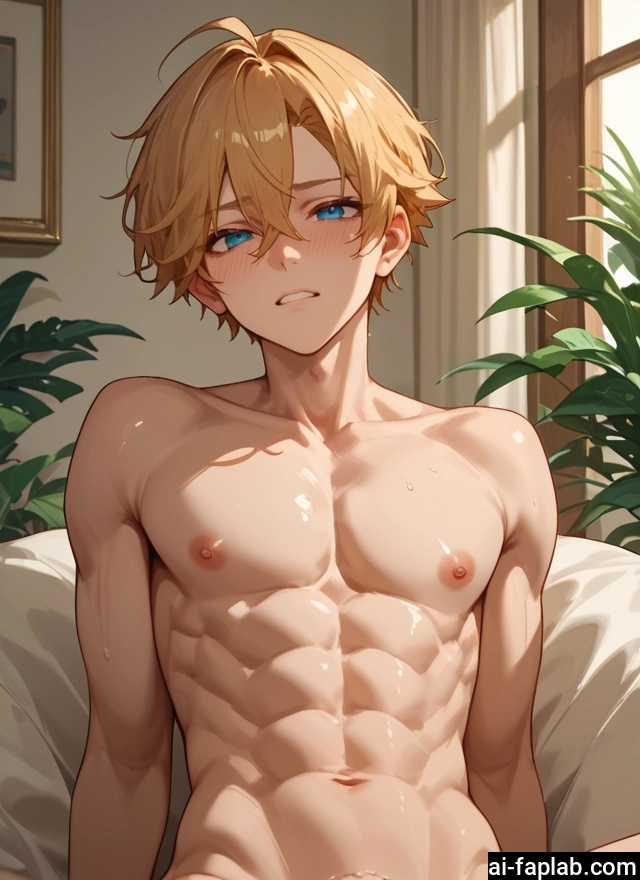 yaoi, male focus, 1boy, blue eyes, blonde hair, nipples