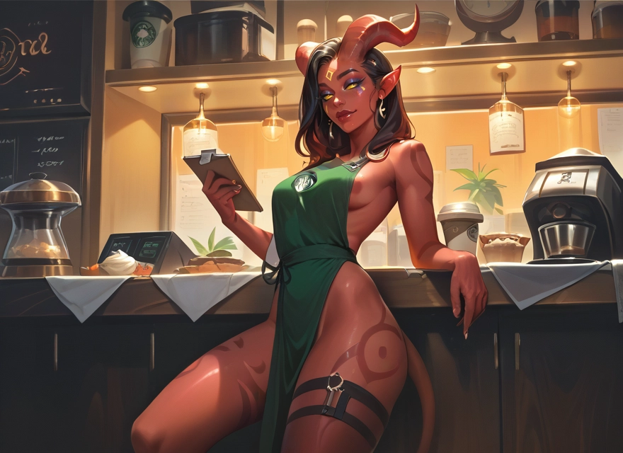 1girl, horns, breasts, apron, solo, jewelry · Yamete.gg
