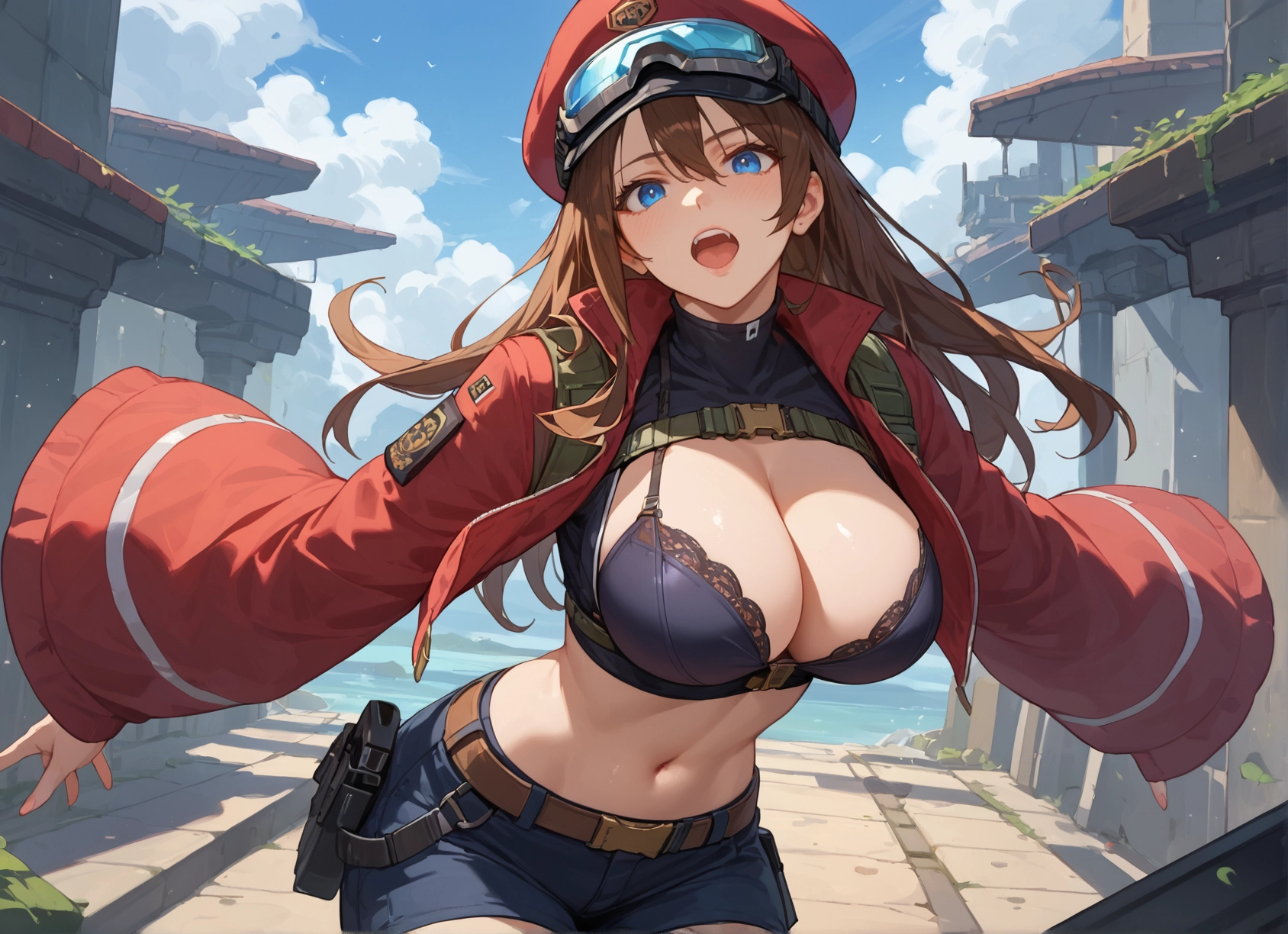 1girl, breasts, blue eyes, hat, shorts, navel · Yamete.gg